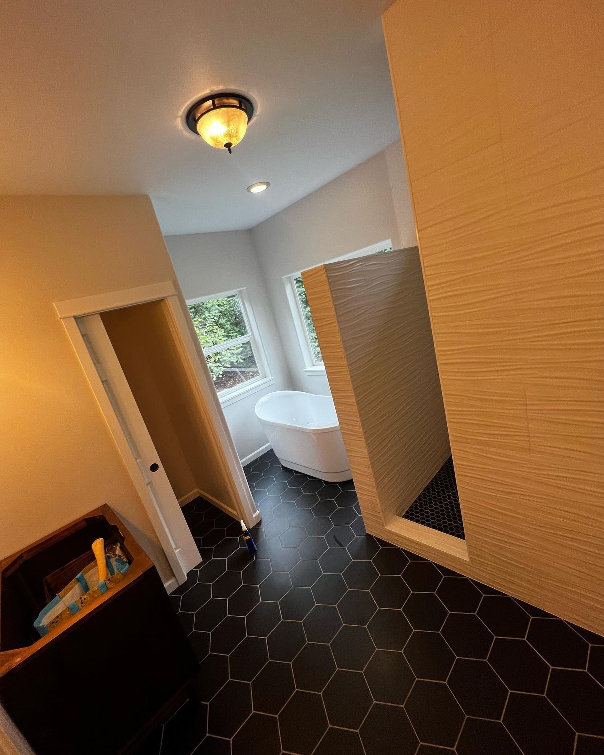 bath, shower, and bathroom floor